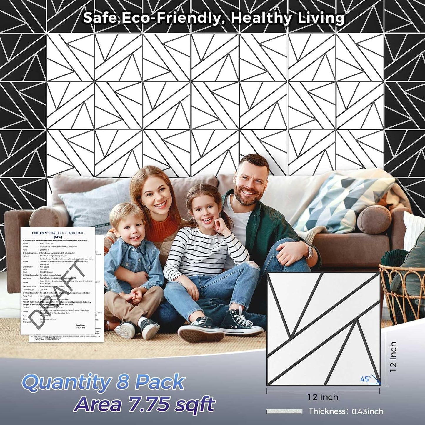 8 Pack 2-Layer Soundproof Wall Panels, 12 x 12 x 0.43 in Sound Proof FoamPanels for Walls, 1.2lb/ft* High Density, Thicker 0.43 in, 3D AcousticPanels,Artistic Noise Dampening Panels White&Black