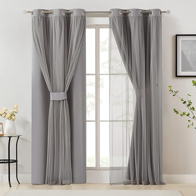 Bujasso Grey 90% Blackout Curtains with Sheer Overlay Mix and Match Double Layer Window Curtains Thermal Insulated 102 inch for Living Room Bedroom Gray Drapes with Tiebacks Grommet Top 54" Wx102 Lx2