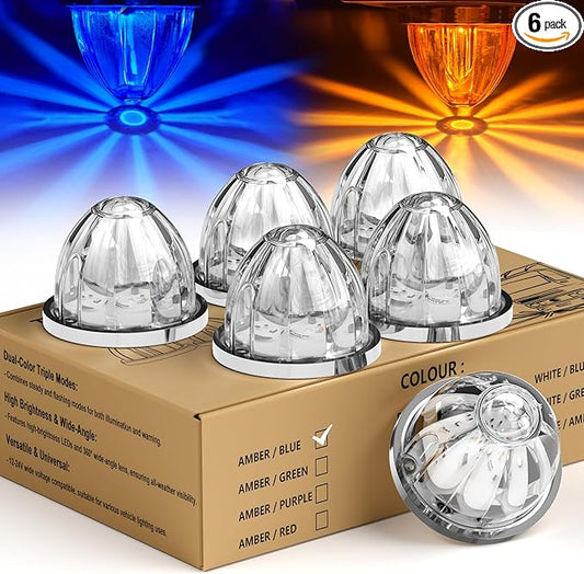 6-Pack Dual Color Watermelon Lights LED Strobe & Steady Mode, Roof Clearance Side Marker Warning Lights Amber Blue Suitable for Truck Trailer Kenworth Peterbilt Freightliner