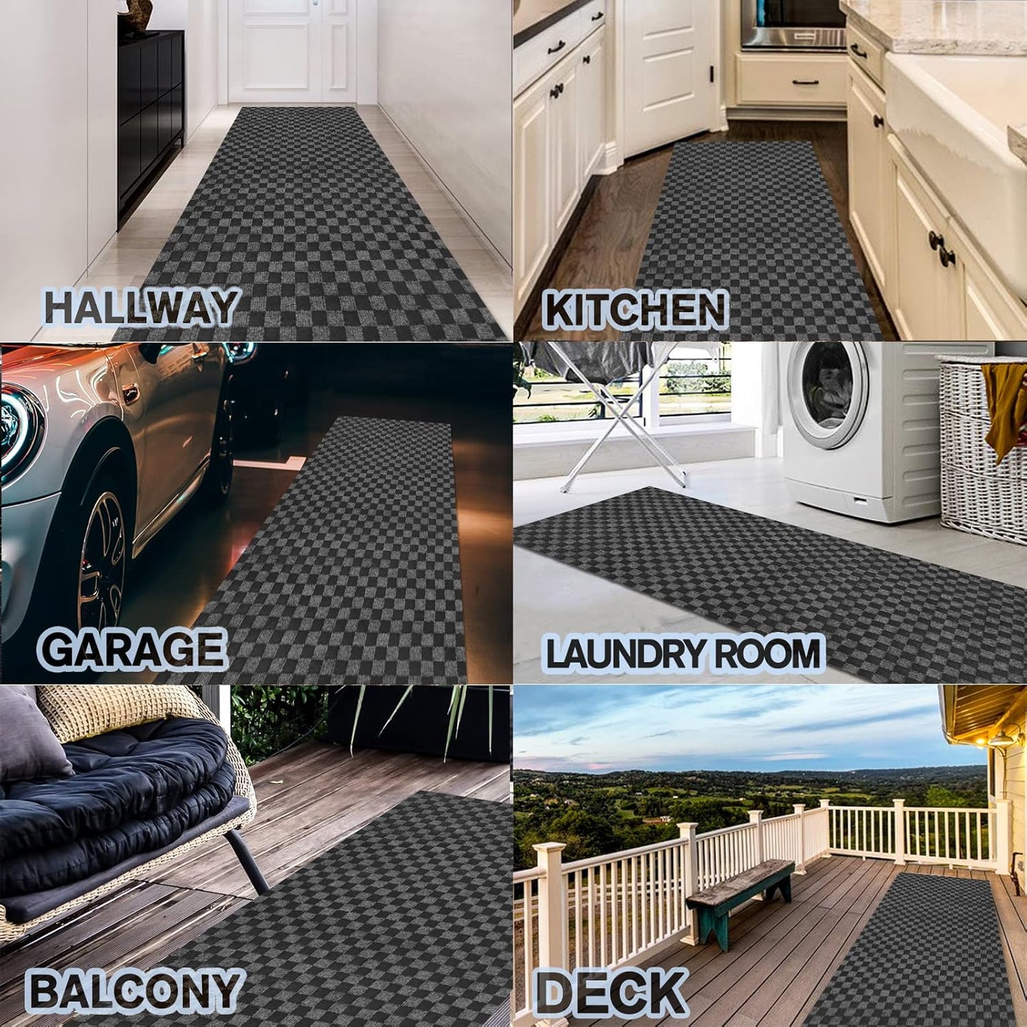 Custom Size Backed Non-Slip Area Rugs Runner, Easy Clean, Waterproof Runner Rugs for Hallway Entryway, Kitchen, Laundry, 3FT x 67FT, Gray Checkered