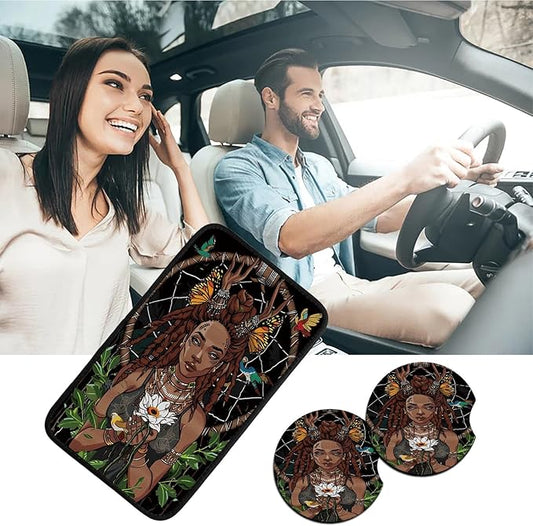 Car Armrest Cover Pads Universal Fashion Cute Auto Center Console Armrest Cover Pad with 2PCS Car Coasters Soft Waterproof Car Armrest Seat Protector for Women, African American Girl