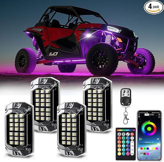 4 Pods Full Angle RGBW LED Rock Lights, RGB with White Rock Light for ATV UTV Golf Cart RZR SXS Truck SUV Car Underbody, 12V Waterproof Neon Multicolor Underglow Kit APP/RF Remote Control Sync Music