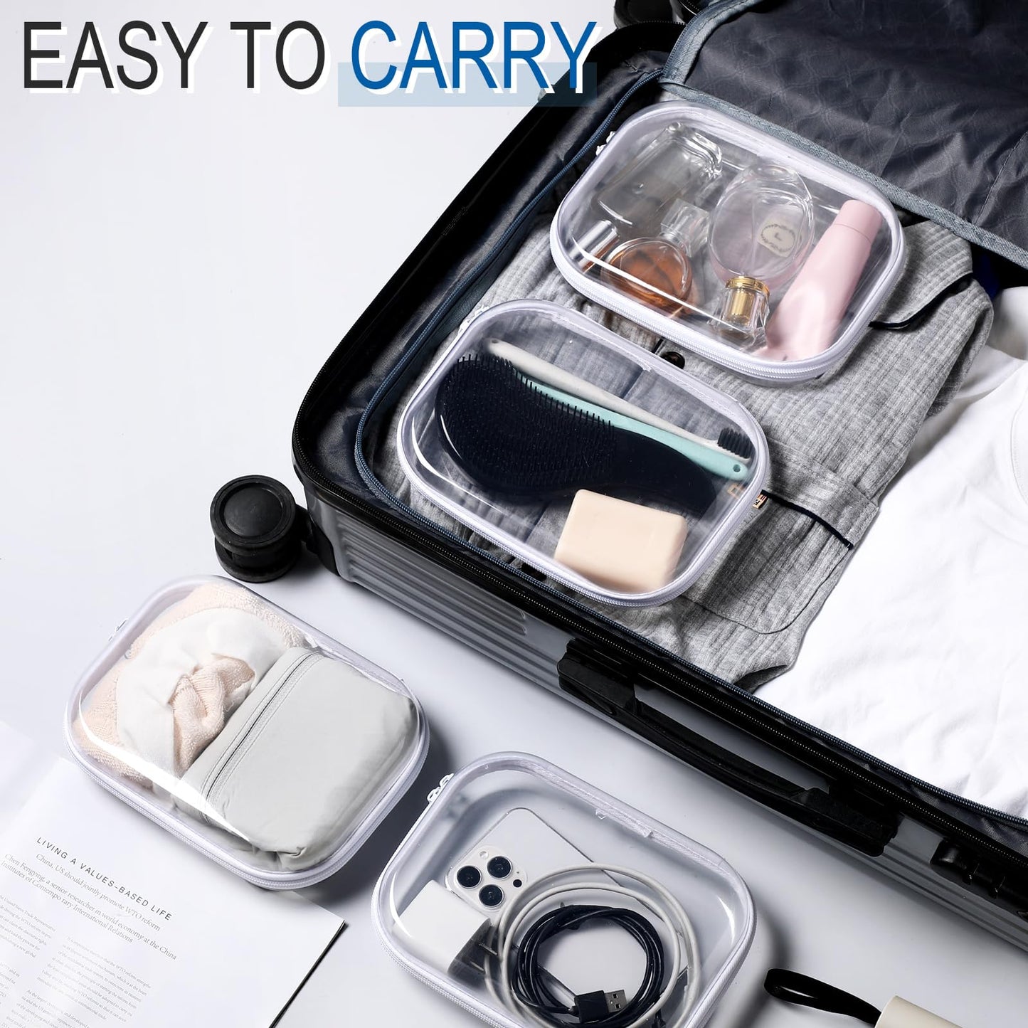 Sanwuta 6 Pcs Clear Hard Zipper Case Hard Plastic Zipper Pouches Makeup Bag Transparent Cases for Snacks Plastic Storage Organizer Portable Box for Travel