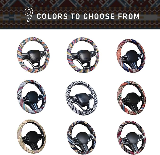 Boho Steering Wheel Cover, 15.0"×15.0" Anti-Slip Baja Blanket Ethnic Steering Wheel Protector, Breathable Flax Cloth Elastic Bohemian Steering Wheel Cover, Car Accessories (Style C)