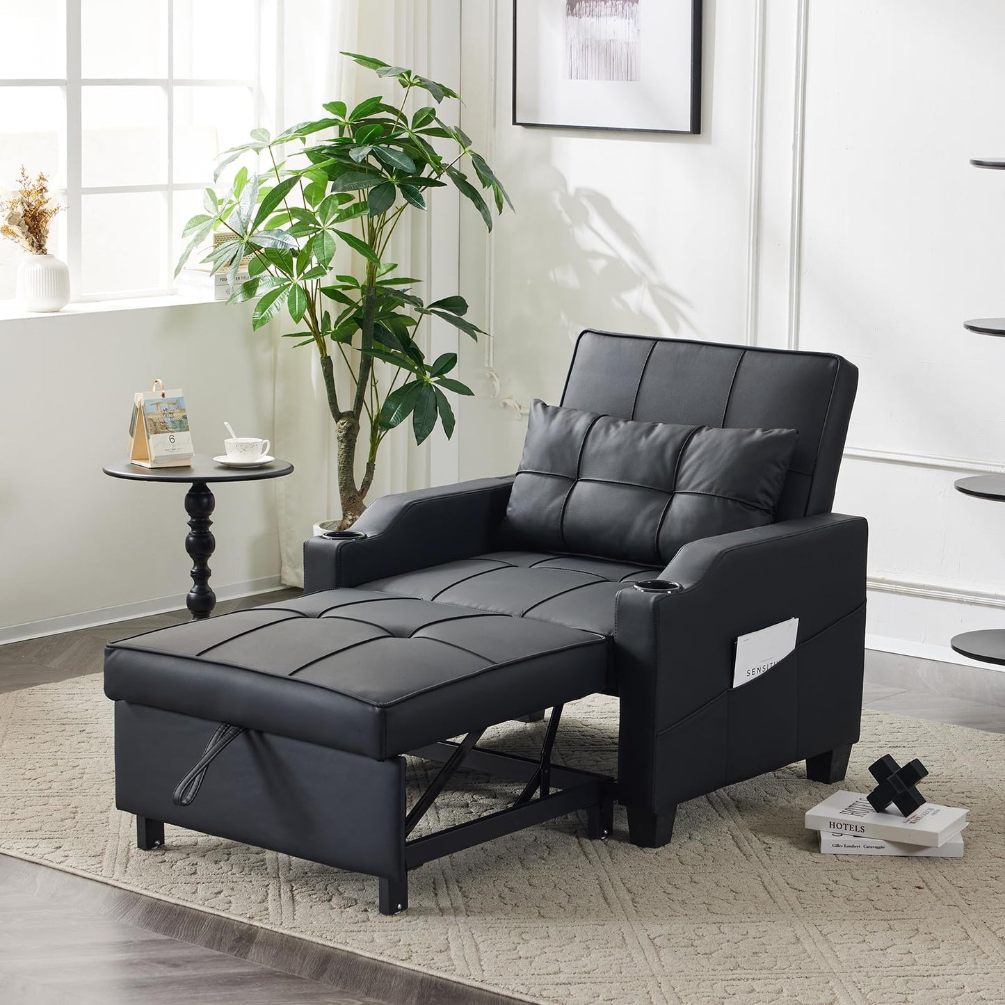 Karl home Sleeper Chair Convertible Sofa Bed with USB/Type C Ports 3-in-1 Pull Out Sofa Bed Adjustable Reading Chair with Cup Holders, PU Leather Black