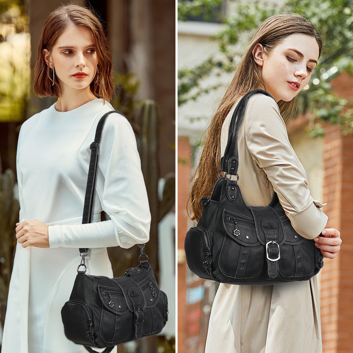 Angel Kiss Hobo Bags for Women Vegan Leather Shoulder Purses and Handbags Ladies Roomy Tote Bags Purse with Crossbody Strap,Black