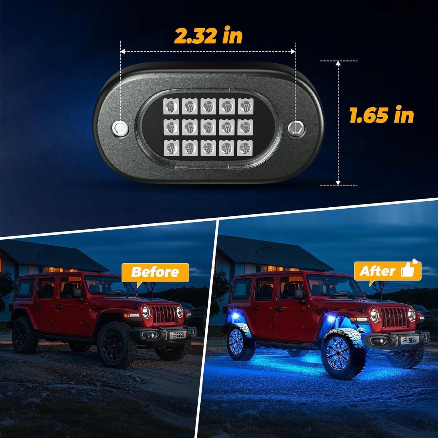 Honalia RGB Rock Lights for Trucks 8 pods, Neon Light Kits for UTV with Music Mode, Multicolor Truck Rock Light Kits for UTV ATV Golf Cart Four Wheeler RZR Truck