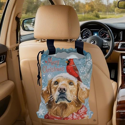 Cardinal Car Garbage Bag,Golden Retriever Dog Small Car Trash Bag Hanging Back of Seat,Drawstring Car Trash Bag with Adjustable Buckle,Car Accessories for Camping Travelling