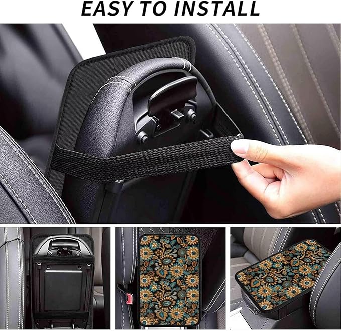 Center Console Cover Boho Flower Scratch Resistance Armrest Cover Protect Pad Car Accessories Hippie Sunflower Armrest Cushion Pad Seat Box Cover Protector