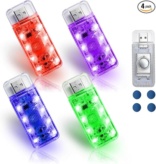 4 PCS Car LED Lights, USB Plug-in Rechargeable 8 High-Brightness,Portable Touch Control Dimmable Night Light for Car/Bedroom/Party/Holiday Decoration (1 Red&1 Blue& 1 Green& 1 Purple)