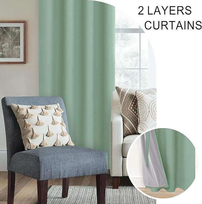 XWZO 100% Blackout Curtains 2 Panels with Tiebacks- Extra Long Heat and Full Light Blocking Window Treatment with Grommets for Bedroom/Nursery, Light Sage, W52 x L108 Inches Long, Set of 2