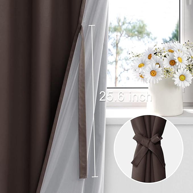 XWZO 100% Blackout Window Curtains - Thermal Insulated & Completely Room Darkening Black Liner Window Treatment with Tiebacks for Bedroom/Living Room, Brown, W42 x L63, Set of 2 Panels