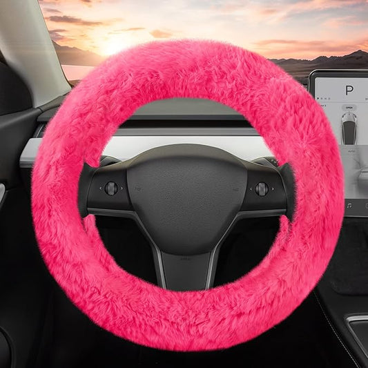 Carbella Aspen Hot Pink Fuzzy Steering Wheel Cover for Women ‚Äì Cute and Stylish Fluffy Fur Steering Wheel Cover for Cars Trucks Vans SUVs, Universal Fit for Wheel Sizes 14.5 to 15.5 inches