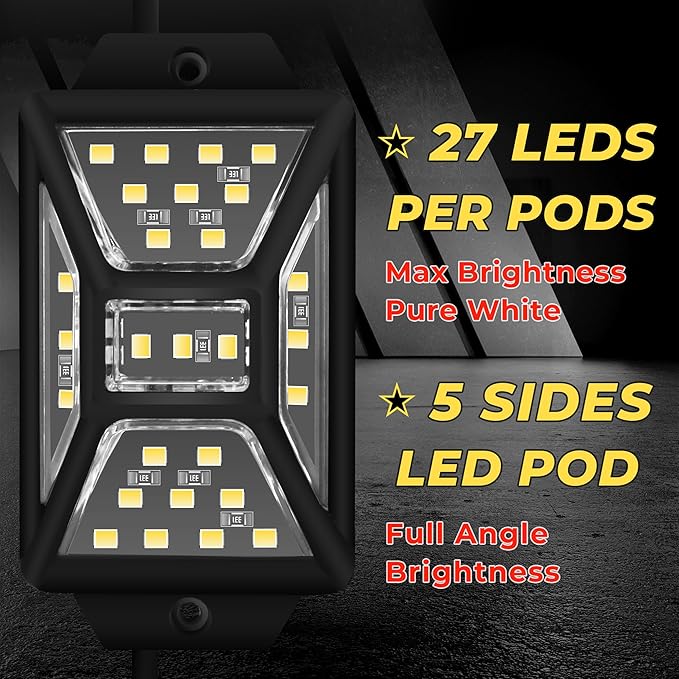 24 Pods Pure White Rock Lights with 2 Pack Connectors Extension Wires,Waterproof Rock Lights Compatible with Trucks Jeep UTV SUV ATV Boat Golf Cart, Mess Free Two-Path Wiring Underglow Kits(Patented)