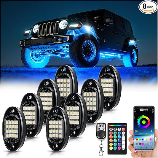 8 Pods RGBW LED Rock Lights Full Kit, 6500K Pure White (Not Mixed) & RGB Underglow for Jeeps Truck Golf Cart ATV UTV RZR Pickup, App/RF Remote Smart Brake Music Sync, Waterproof Offroad Underbody 12V