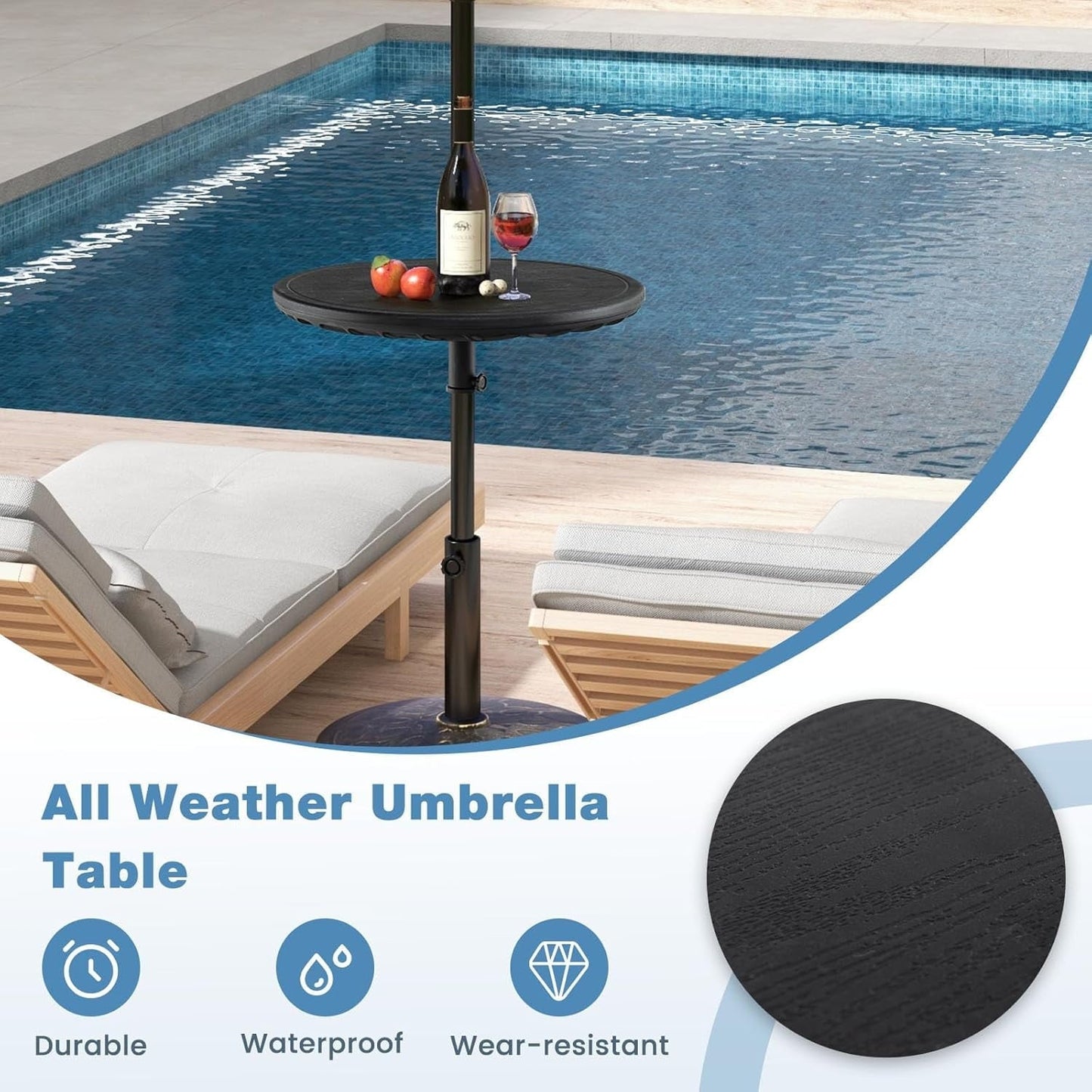 GaoJ Umbrella Pole Table Tray - 20" Outdoor Side Table with 1.5" Umbrella Hole, Height Adjustable Knob, All-Weather PE Matrial, for Patio, Backyard, Deck, Garden, Poolside, Black