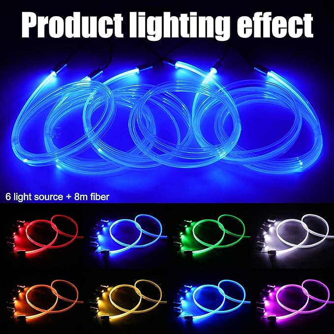 Car Interior Strip Lights, 6 in 1 Multicolor RGB Car Ambient Lighting Kit, 8m Fiber Optic EL Neon Tube Light, DIY Mode Music Sync RF Remote Control DC 12V