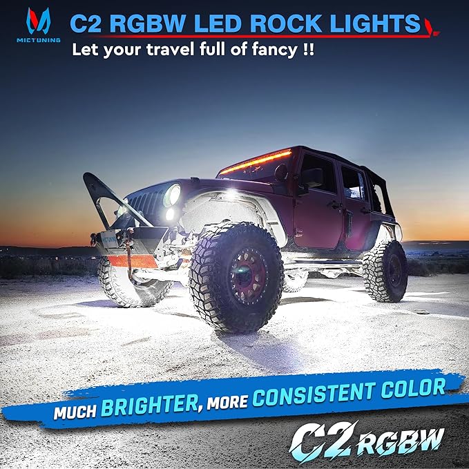 MICTUNING C2 Curved RGBW LED Rock Lights - 12 Pods Underglow Multicolor Neon Light with Wiring Switch Kit, Bluetooth Controller with APP Control