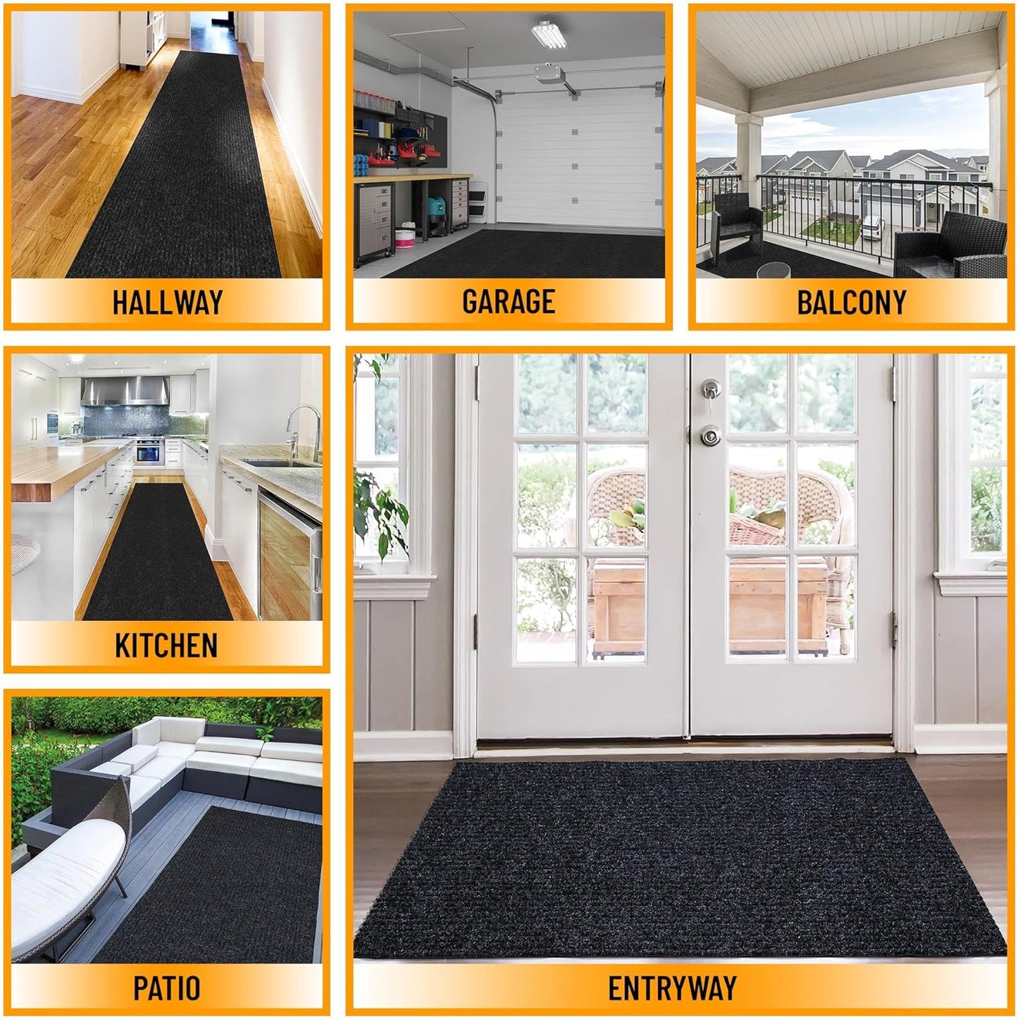 Ottomanson 6'6" x 22' Hallway Runner with Scraper Pile - Extra Durable Non-Slip Rug Mat for Indoor & Outdoor Use - Ideal for Kitchen, Entryway & Garage - High-Traffic Carpet, Black