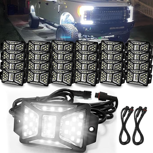 24 Pods Pure White Rock Lights with 2 Pack Connectors Extension Wires,Waterproof Rock Lights Compatible with Trucks Jeep UTV SUV ATV Boat Golf Cart, Mess Free Two-Path Wiring Underglow Kits(Patented)