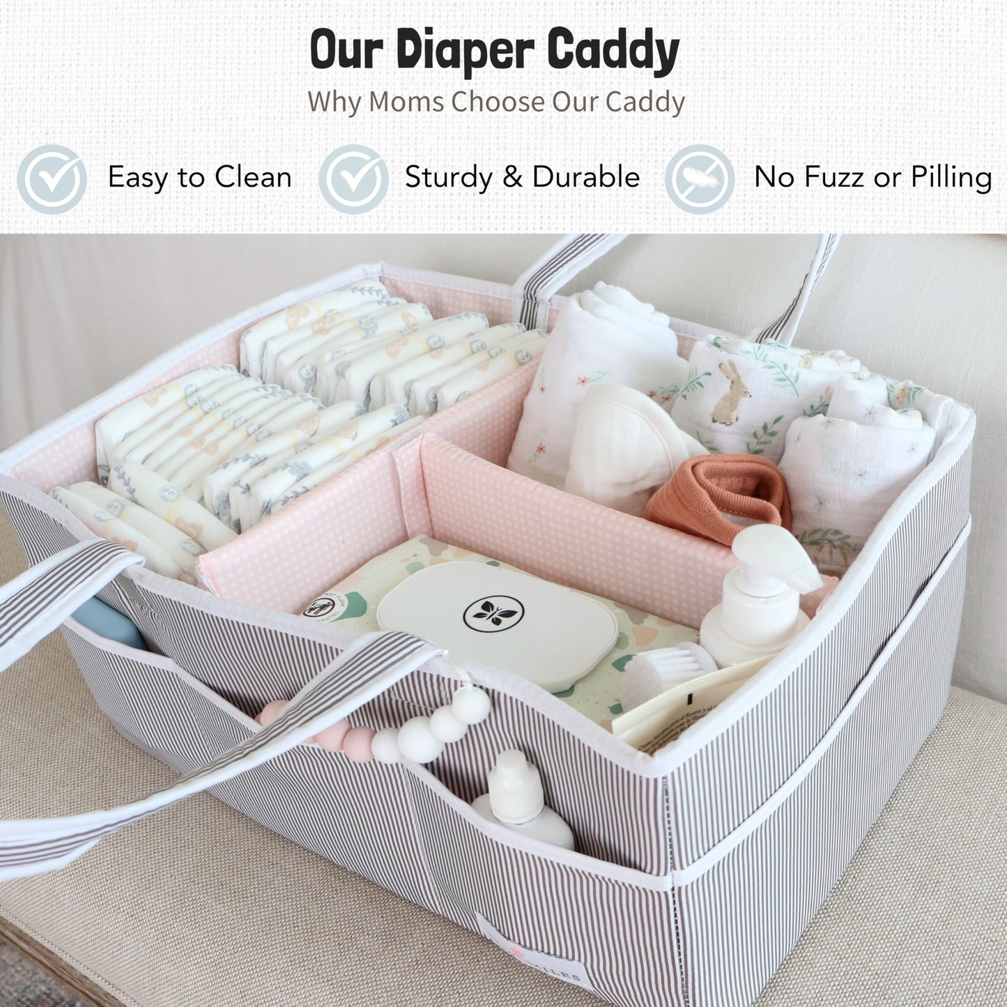 Lily Miles Baby Diaper Caddy - Organizer Tote Bag for Baby Girl Essentials - Baby Shower Basket - Nursery Must Haves - Registry Favorites - Newborn Caddie Car Travel - Gray/Blush, Extra Large