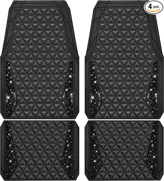 CAR PASS Bling Diamond Car Mats Rubber Floor Mats Full Set Anti-Slip 3D Rhombus Waterproof Trim to Fit Liner Universal Glitter Crystal Sparkly Shining Rhinestone Girl Women SUV Sedan, Black Diamond