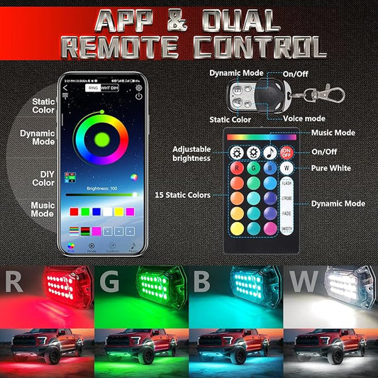 4 Pods Full Angle RGBW LED Rock Lights for ATV UTV RZR SXS Truck Jeeps Offroad,Waterproof Multicolor Neon Underglow Kit with APP/RF Remote, 12V Pure White Underbody Lights