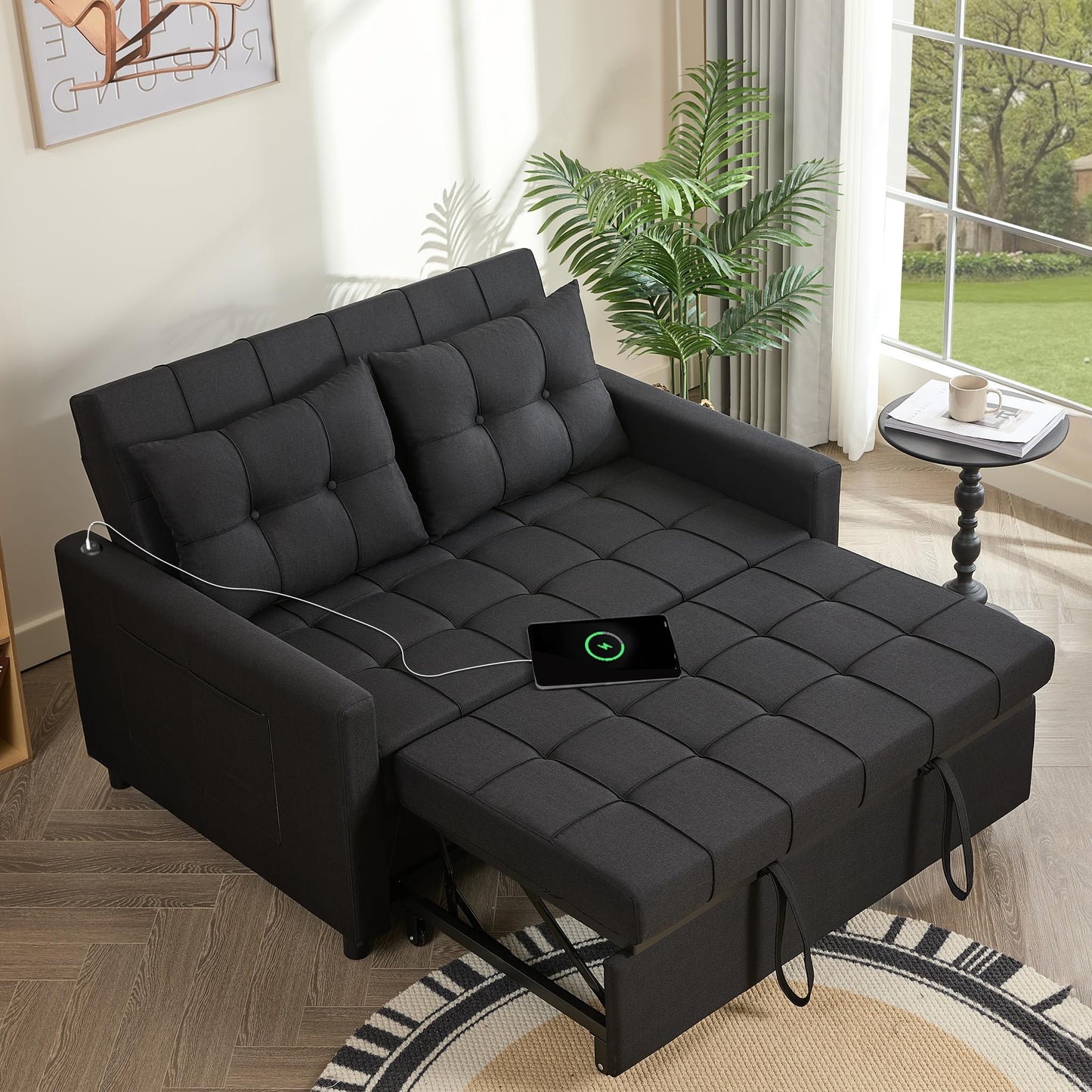 GOSUHI 52" Sleeper Sofa with Pull-Out Bed, 3-in-1 Convertible Sofa Bed, Loveseat with Stepless Adjustable Backrest and Side Pocket, for Living Room Dorm Apartment, Linen, Black