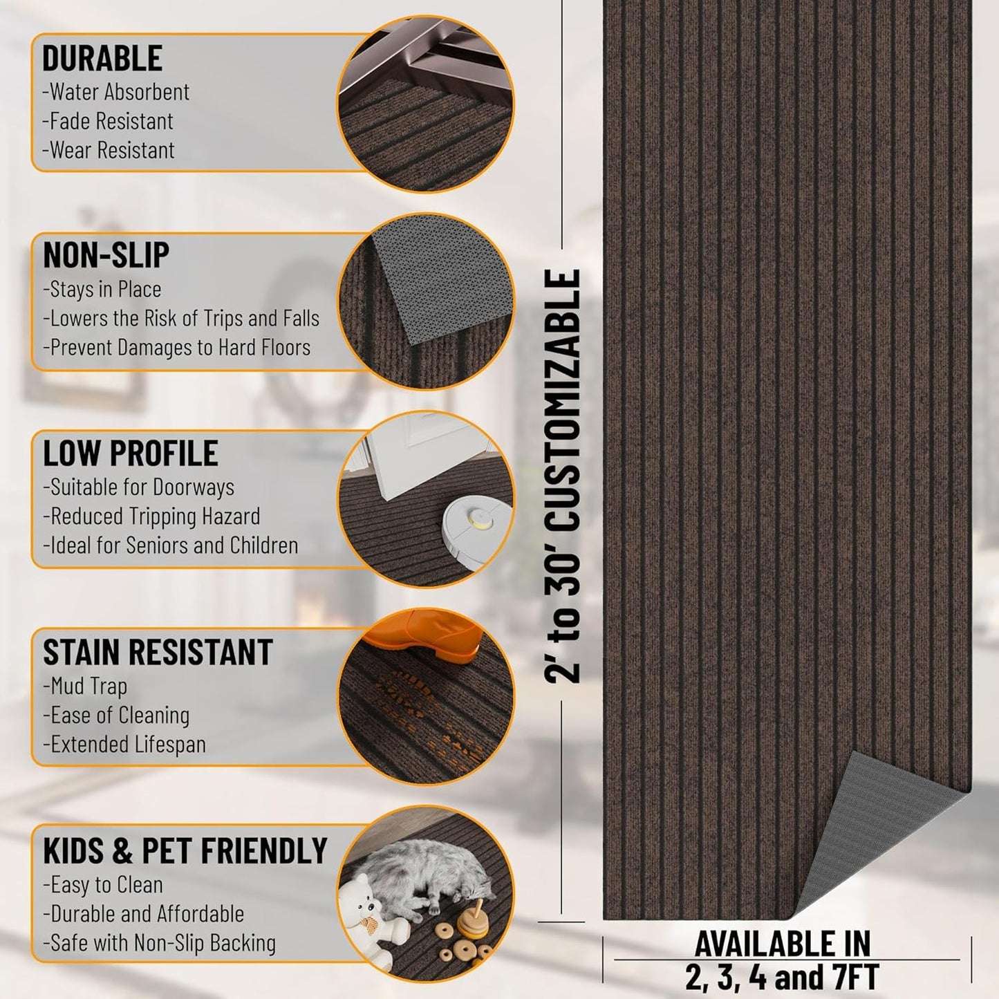 Ottomanson 2'7" x 33' Hallway Runner with Scraper Pile - Extra Durable Non-Slip Rug Mat for Indoor & Outdoor Use - Ideal for Kitchen, Entryway & Garage - High-Traffic Carpet, Brown