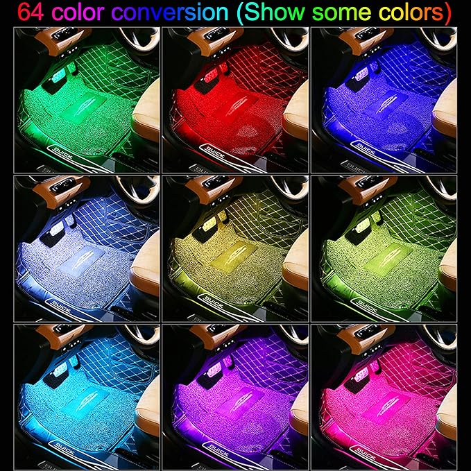 Car Footwell Interior Atmosphere Lights, Multicolor RGB Car Ambient Lighting Kit, DIY Mode Sound Active Music Sync, RF Remote Control + APP Control DC 12V