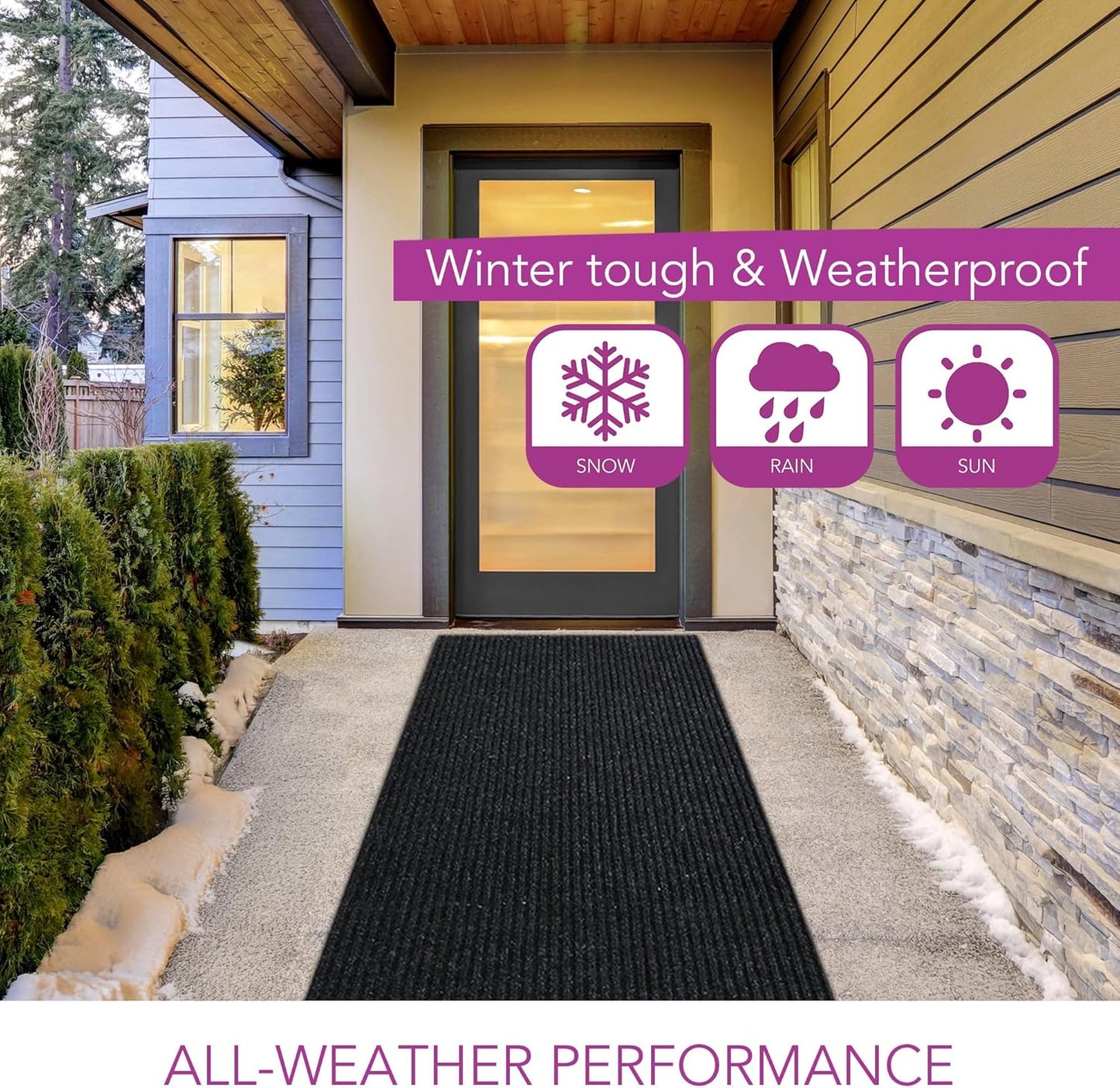 iCustomRug Spartan Weather Warrior Indoor/Outdoor Utility Ribbed Carpet Runner with Non-Slip Thermoplastic Rubber Backing, 28in X 52ft in Black