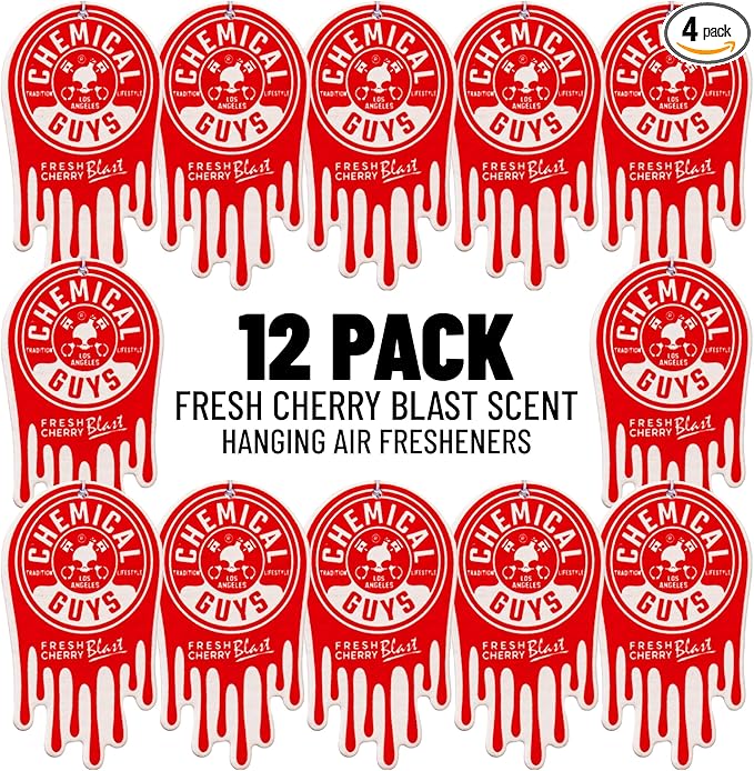 Chemical Guys Hanging Air Freshener, Fresh Cherry Scent 12 Pack, Great for Cars, Trucks, SUVs, RVs, Home, Garage, Workspace, Dorm Room & More (4 x 3 Packs) - AIR40604