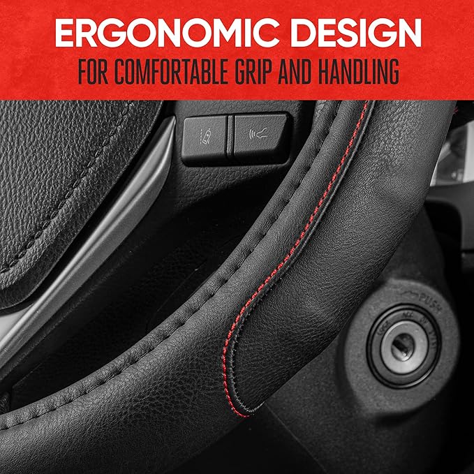 Motor Trend GripDrive Faux Black Leather Steering Wheel Cover for Car Truck Van SUV, Small 14 inch Size, Red Accent Stitched Car Steering Wheel Cover Vehicle & Auto Accessories