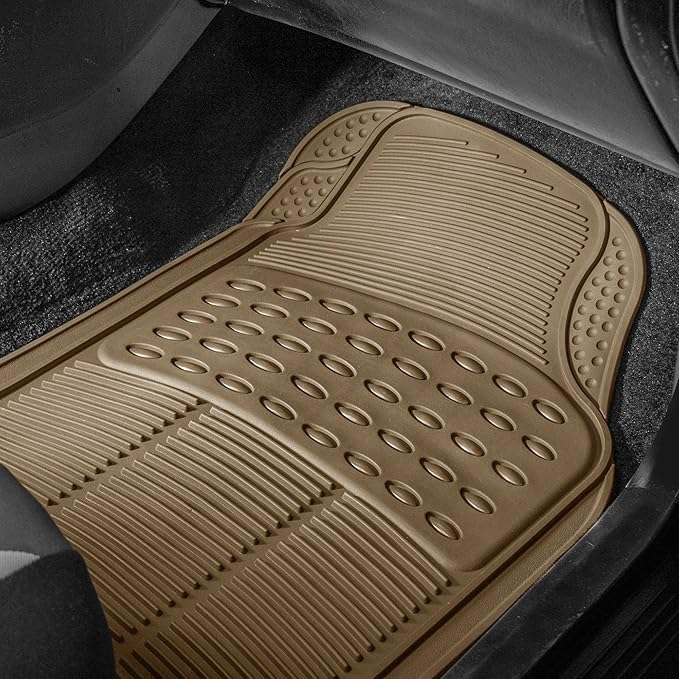 FH Group Trimmable Non-Slip Rubber Floor Mats 3 Row Set - Universal Fit for Cars Trucks and SUVs (Beige) F11305 + F16400