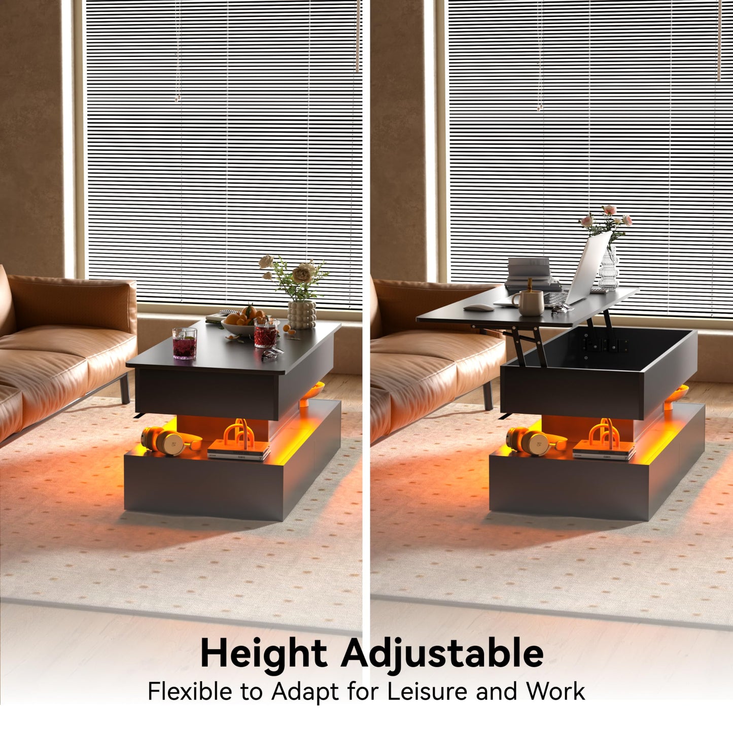 Oransail 40" Lift Top Coffee Table with 3 Fabric Storage Drawers and Hidden Compartmen, LED Coffee Table, Farmhouse Coffee Tables for Living Room, Dining Room