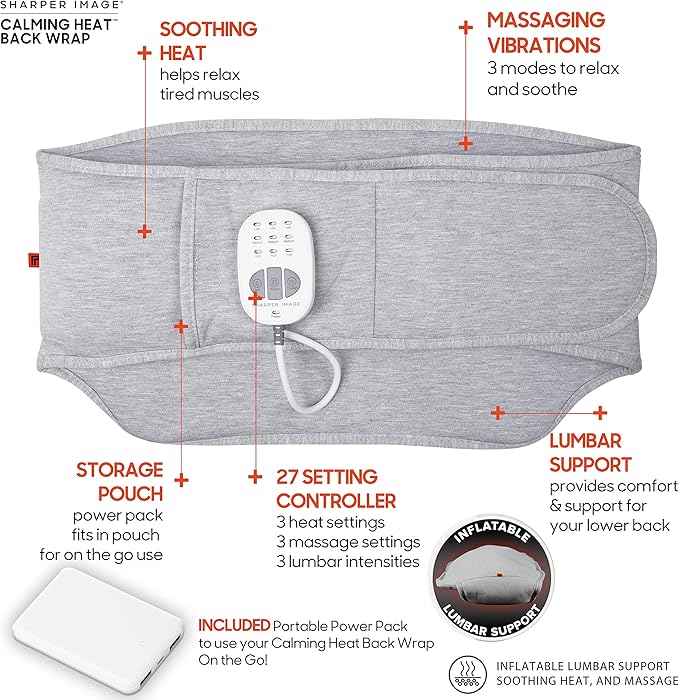 Calming Heat Back Wrap by Sharper Image- Cordless Electric Back Heating Pad, Inflatable Lumbar, Soothing Heat & Vibrations- 9 Settings 3 Heat, 3 Vibration, 3 Lumbar Includes Portable Power Pack