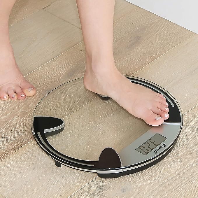 Escali Digital Glass Bath Scale for Body Weight, Bathroom Body Scale, High Capacity of 400 lb, Battery Included, Clear Round Platform