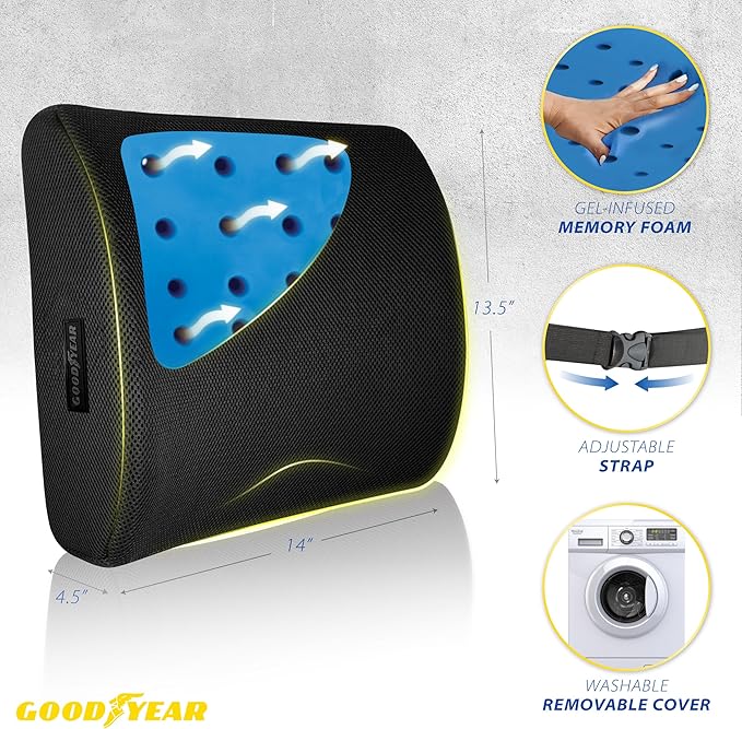 Goodyear Pure Memory Lumbar Support Pillow – Premium Memory Foam Back Support Cushion for Office Chair, Car Seat & Recliner – Ergonomic Lower Back Relief, Breathable Mesh Cover, Adjustable Strap