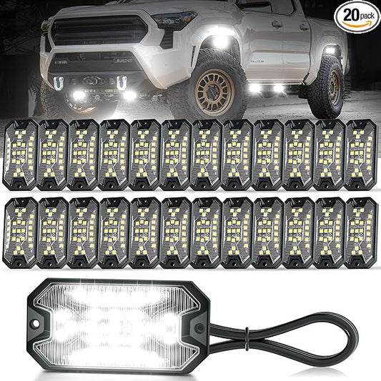 20 Pods Pure White Rock Lights 6000K Pure White 27 LEDs Super Bright LED Underglow Neon Light, 10m Extension Wire, IP68 Waterproof for Trucks Pickup SUV UTV ATV RZR Car Boats
