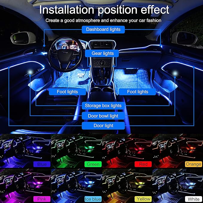 64 Colors Car Ambient Lighting Fiber Optic RF Remote + APP Control Multicoloured Music Car Atmosphere Decorative Lighting Kit 1W DC 12V-24V 8m