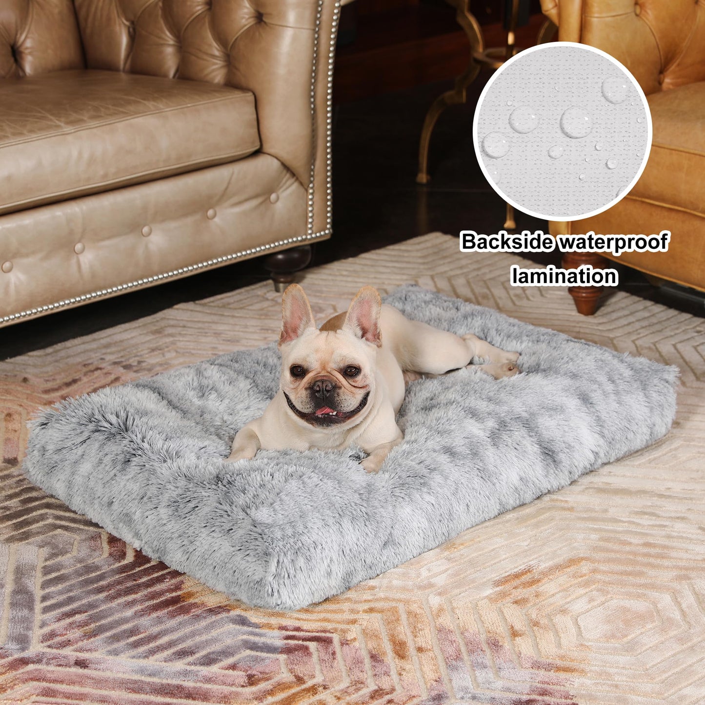 Bedfolks Waterproof Dog Crate Bed With Removable Washable Cover, Plush Faux Fur Pad for Large Dogs, Fluffy Kennel Bed 35"x23", Dark Grey