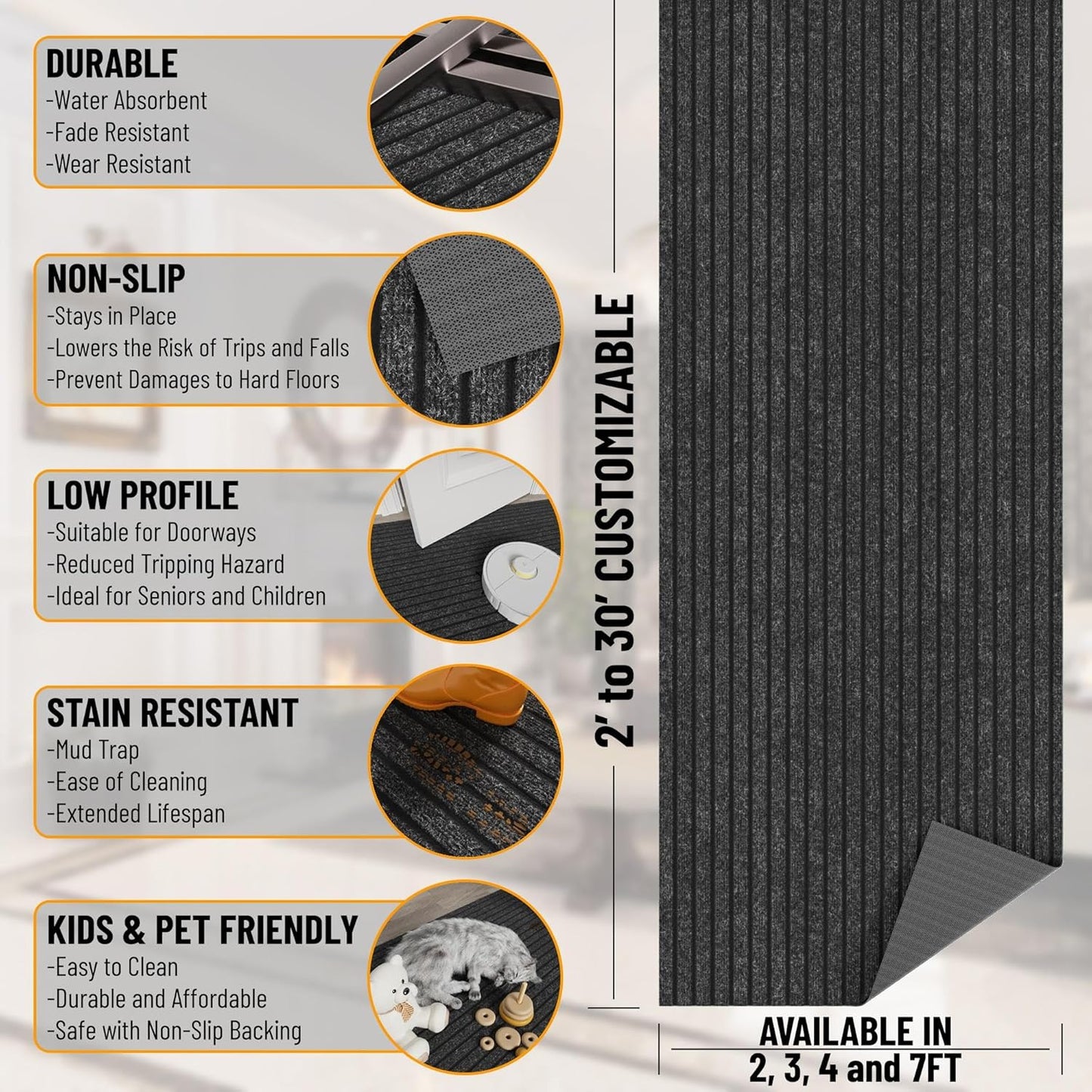Ottomanson 2' x 43' Hallway Runner with Scraper Pile Extra Durable Non-Slip Rug Mat for Indoor & Outdoor Use - Ideal for Kitchen, Entryway, Patio & Garage - High-Traffic Carpet, Black