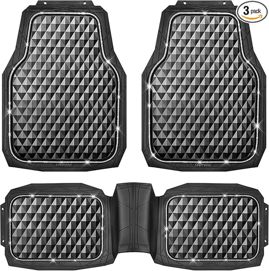 CAR PASS Bling Diamond Black Rubber Car Mats, Heavy Duty Deep Dish All-Weather Floor Mat Anti-Slip 3D Rhombus Waterproof Trim to Fit Liner Universal Glitter Sparkly Shining Rhinestone, 3 Pcs Silver