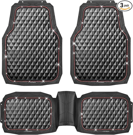 CAR PASS Bling Diamond Rubber Car Mats, Heavy Duty Deep Dish All-Weather Floor Mat Full Set Anti-Slip 3D Rhombus Waterproof Trim to Fit Liner Universal Glitter Sparkly Shining Rhinestone, 3 Pcs Red