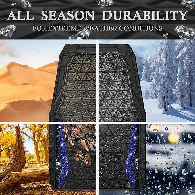CAR PASS Bling Diamond Car Mats Rubber Floor Mats Full Set Anti-Slip 3D Rhombus Waterproof Trim to Fit Liner Universal Glitter Crystal Sparkly Shining Rhinestone Girl Women SUV Sedan Van, Black Blue