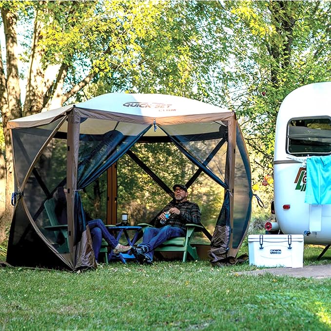 CLAM Pop Up Screen Tent, Outdoor Camping Gazebo Canopy, Adventure with Wind Panels, 9' x 9', Brown