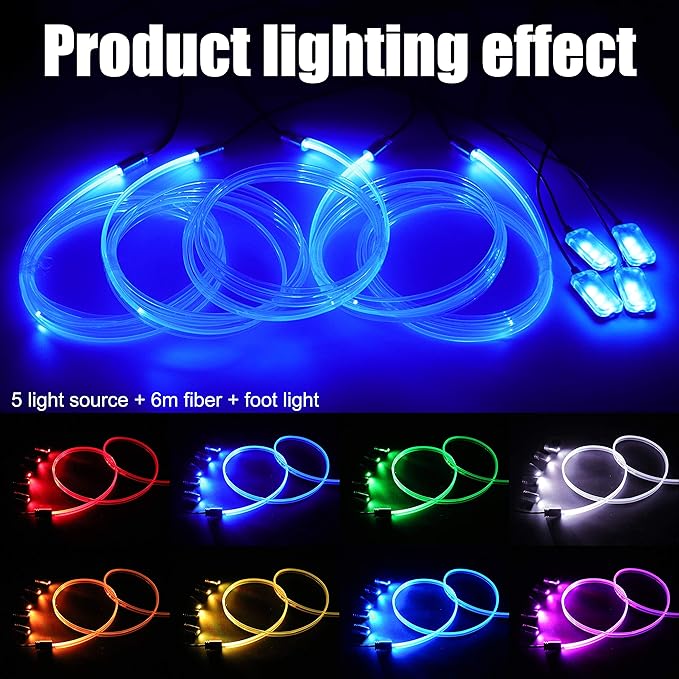 6 m Optic Fiber Car Ambient Lighting Kit RF Remote Control 64 Colors Multicoloured Music Interior Footwell Lighting Kit 12V 1W