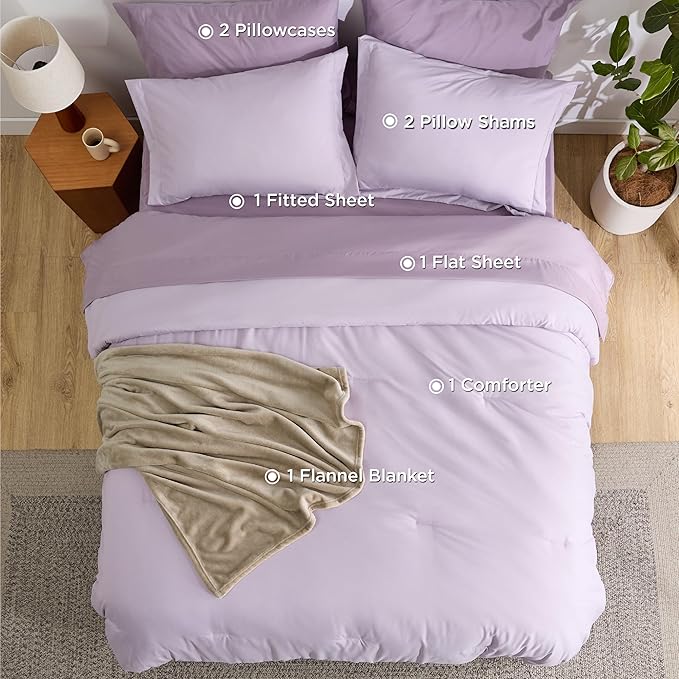 Bedsure King Comforter Set Grayish Purple, 8 Pieces Prewashed King Size Bed in a Bag with Soft Fleece Bed Blanket, Down Alternative Bedding Set for All Seasons, Sheets, Pillowcases & Shams