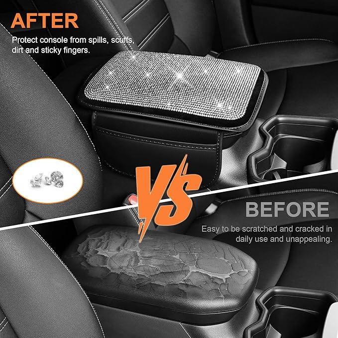 Bling Car Center Console Cover Custom Fit for Jeep Renegade - Leather Armrest Cover with 2 Storage Pockets and Crystal Rhinestones(Black)