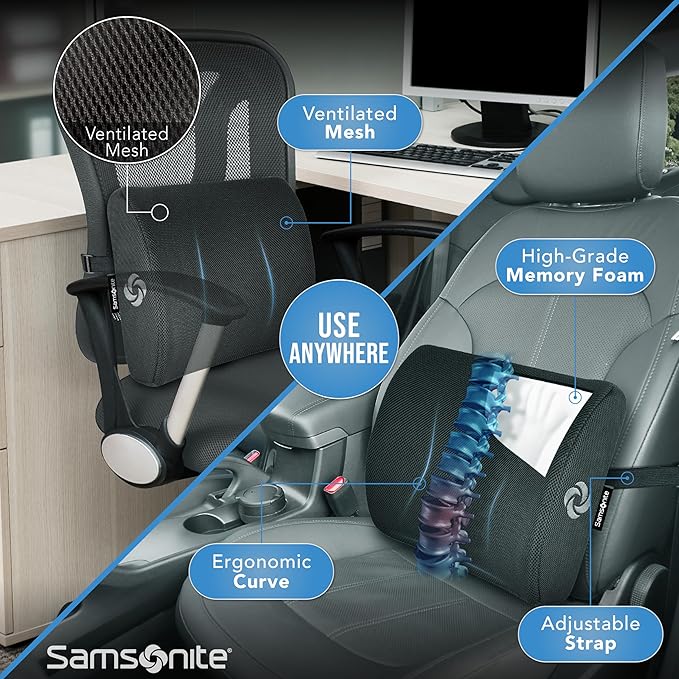 SAMSONITE Lumbar Support Pillow For Office Chair and Car Seat, Perfectly Balanced Memory Foam , Versatile Use Lower Back Cushion